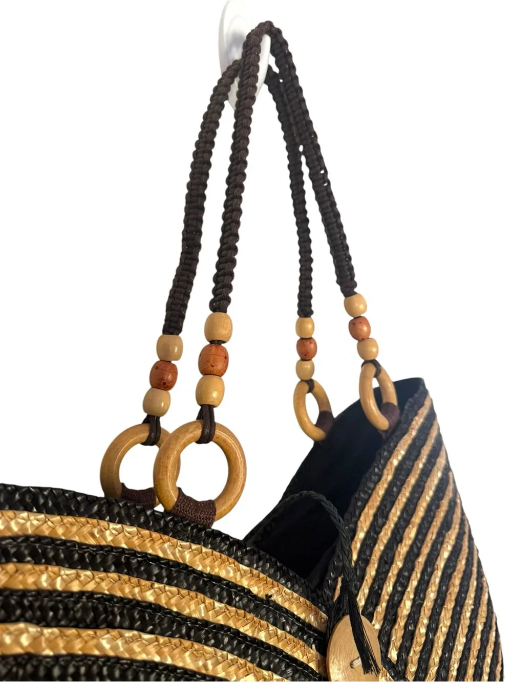 Woven Straw Tote Shoulder Bag in Black and Natural - Picture 4 of 6